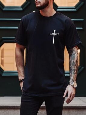 Men's Black Graphic Crew Neck T-Shirt with White Dagger Print